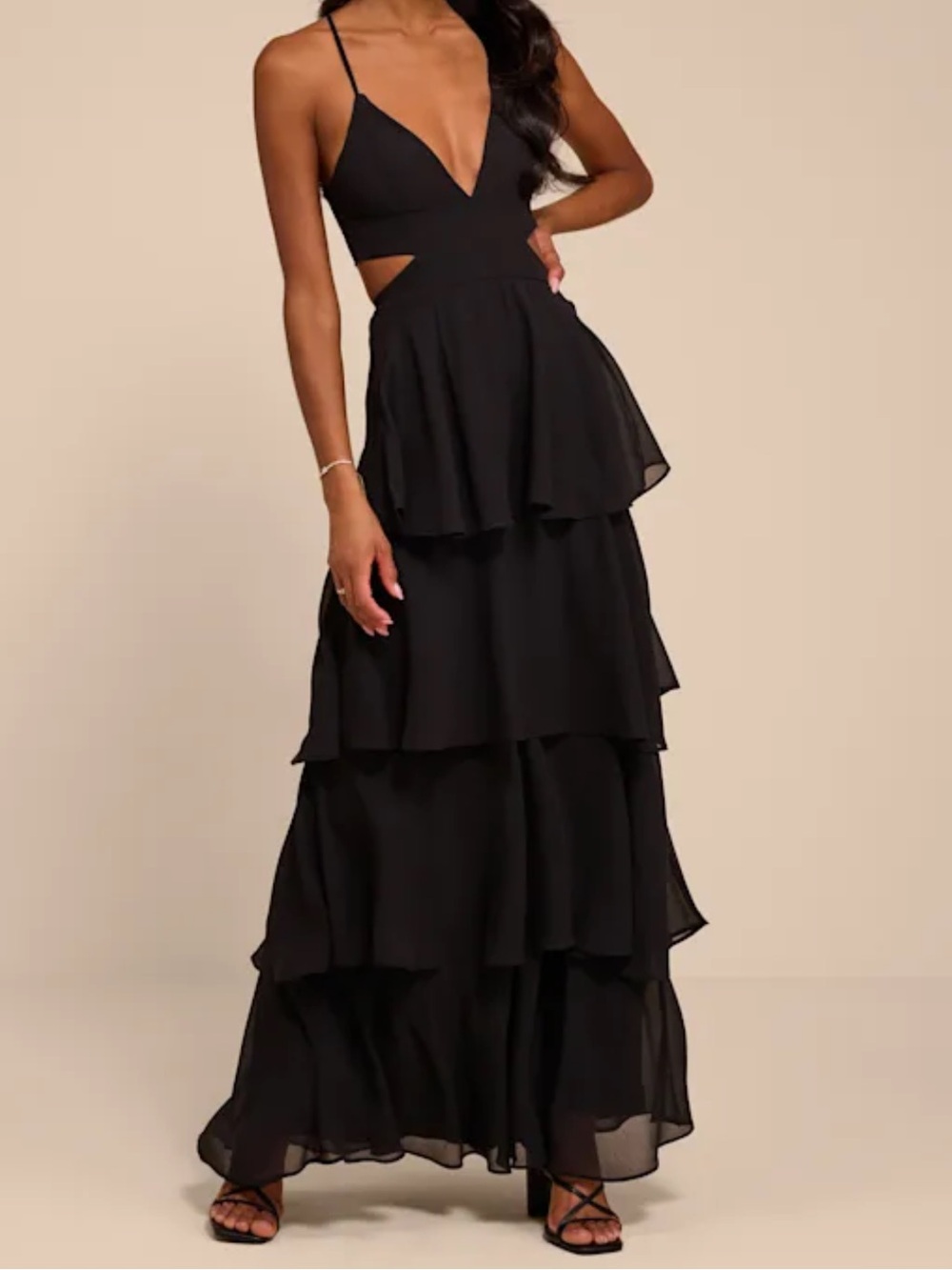 Lulu's Black Tiered Ruffle Maxi Dress with Cutouts